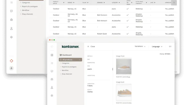 PIM_Presentation Screenshots from product lists Kontainer's combined PIM and DAM system.