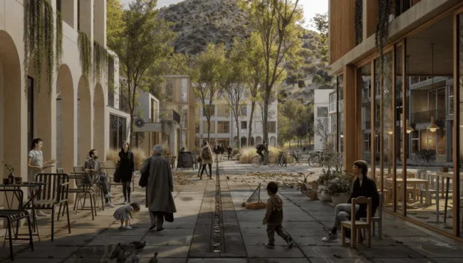 Hero-The-softer-edge A rendering of a courtyard with people walking and sitting.