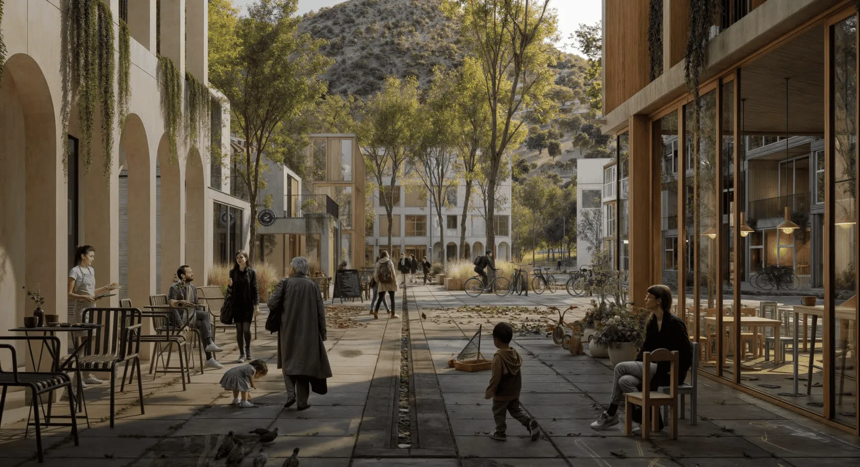 Hero-The-softer-edge A rendering of a courtyard with people walking and sitting.